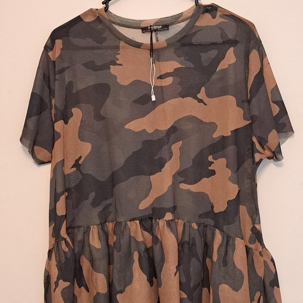 Zara Olive and Brown Camouflage Peplum Tee